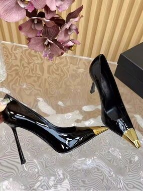 SHEIN Black Patent Pointed Toe Pumps with Gold Tip